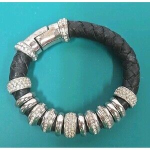 Serena Williams 2009 Bling Leather Braided Bracelet Black Silver 7.5 " Magnetic